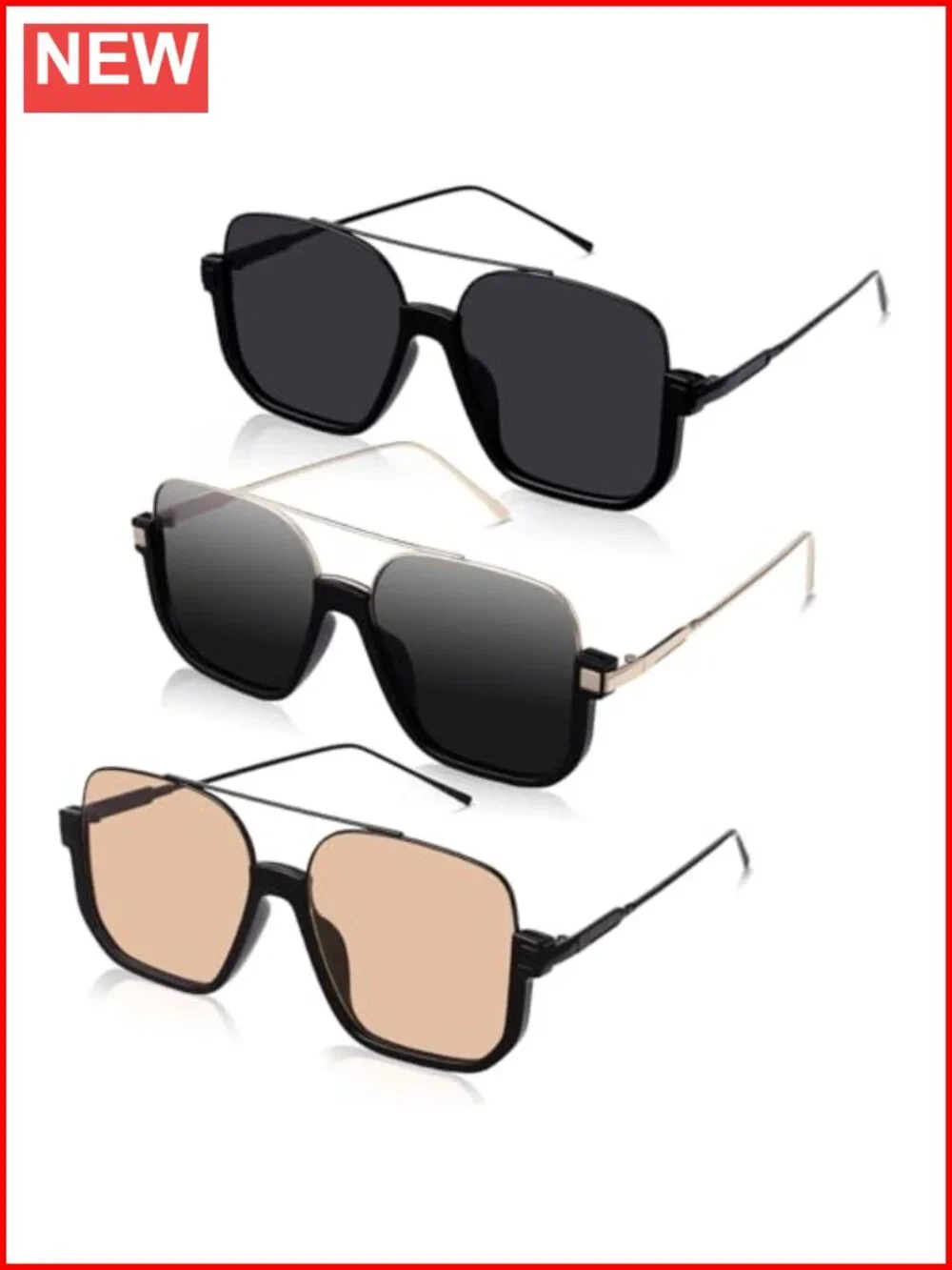 3 Pcs Retro Oversized Aviator Sunglasses Square Semi Rimless UV Protection